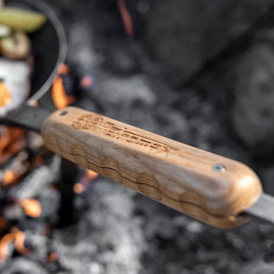 Wooden handle for wrought iron pans
